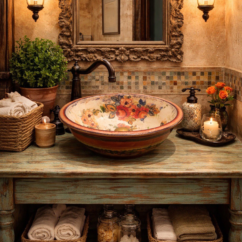 countryside roses handmade washbasin with designs in hand
