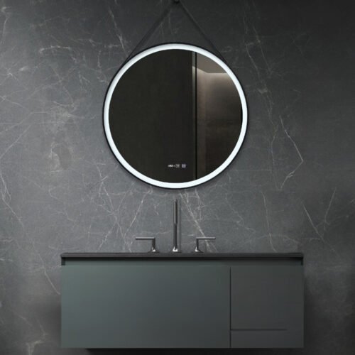 Καθρέπτης CURVY LED με μαύρο πλαίσιο, αντιθαμβωτικός με οθόνη ώρας & θερμοκρασίας, κατάλληλος για όλους τους χώρους