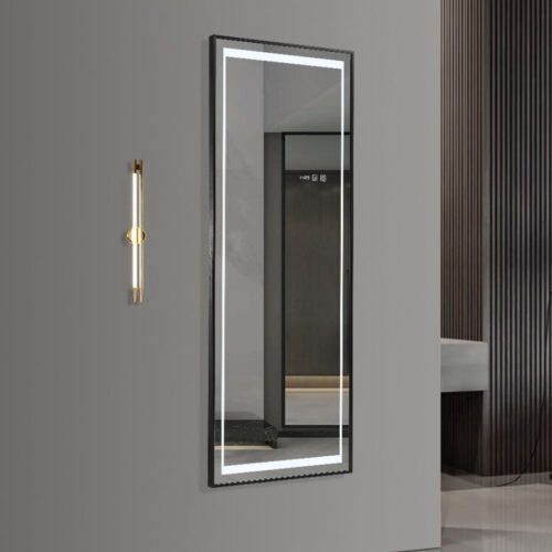 INSTASY LED mirror with black aluminum frame, anti-fog, LCD display for time & temperature, suitable for any space