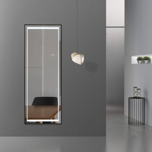 INSTASY LED mirror with black aluminum frame, anti-fog, LCD display for time & temperature, suitable for any space
