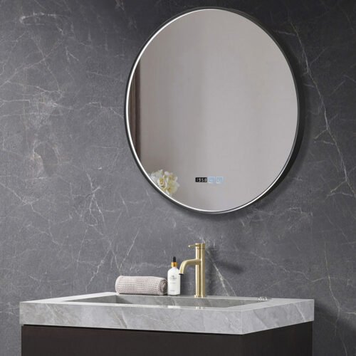 VISTA-02 LED mirror with gold aluminum frame, anti-fog function, LCD display for time & temperature