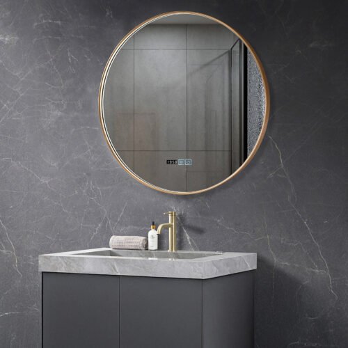 VISTA-01 LED mirror with gold aluminum frame, anti-fog function, LCD display for time & temperature