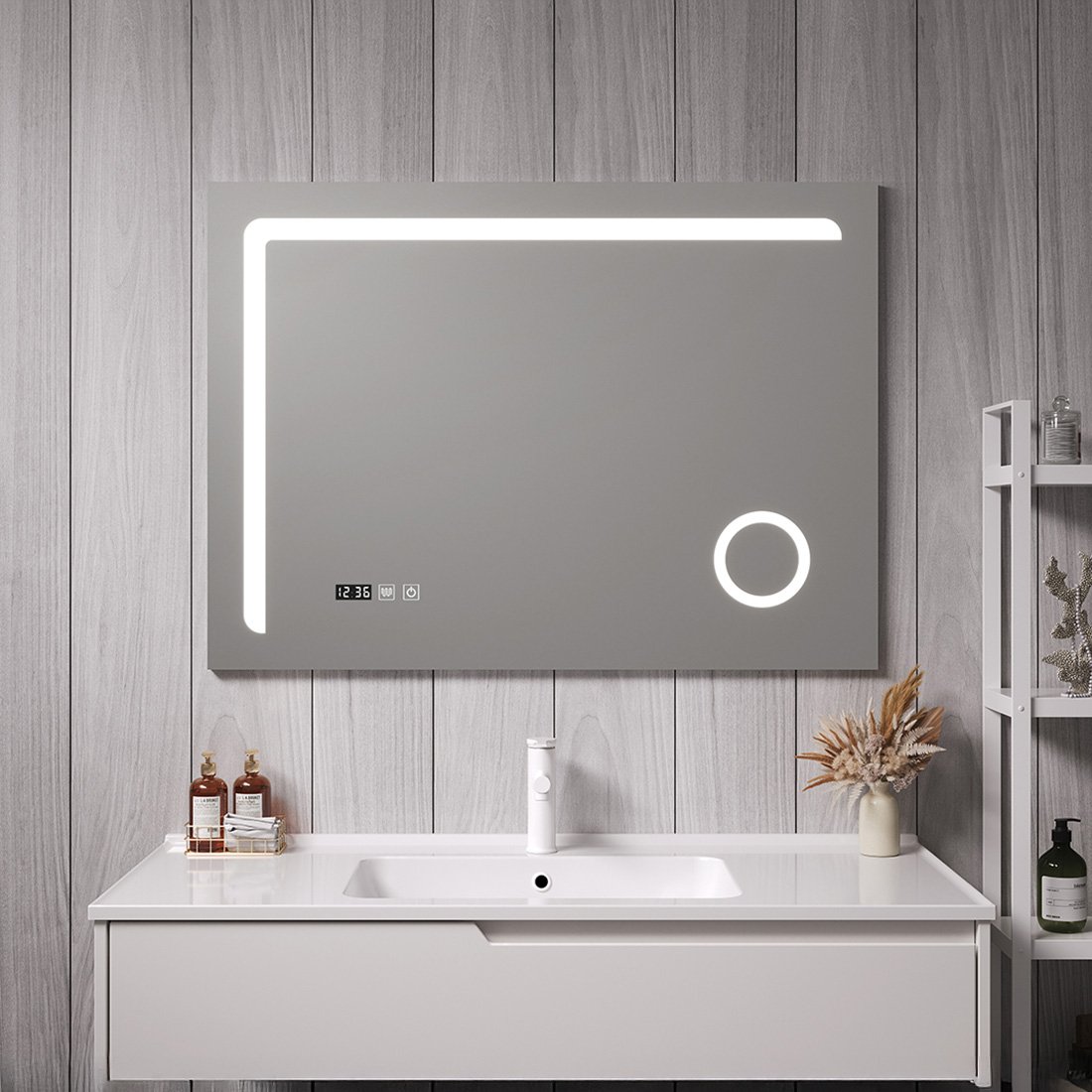 Καθρέπτης FOCUS-02 LED χωρίς πλαίσιο, αντιθαμβωτικός με οθόνη ώρας, θερμοκρασίας και μεγεθυντικό τμήμα