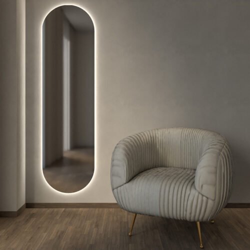 Semi Oval 50×180 frameless floor mirror with LED option