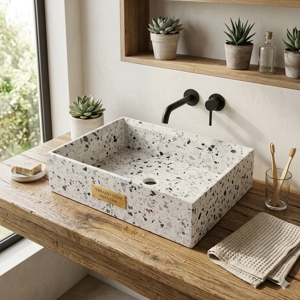 Handmade Stone Porcelain rectangular sink with a terrazzo effect, 50x35x13 cm